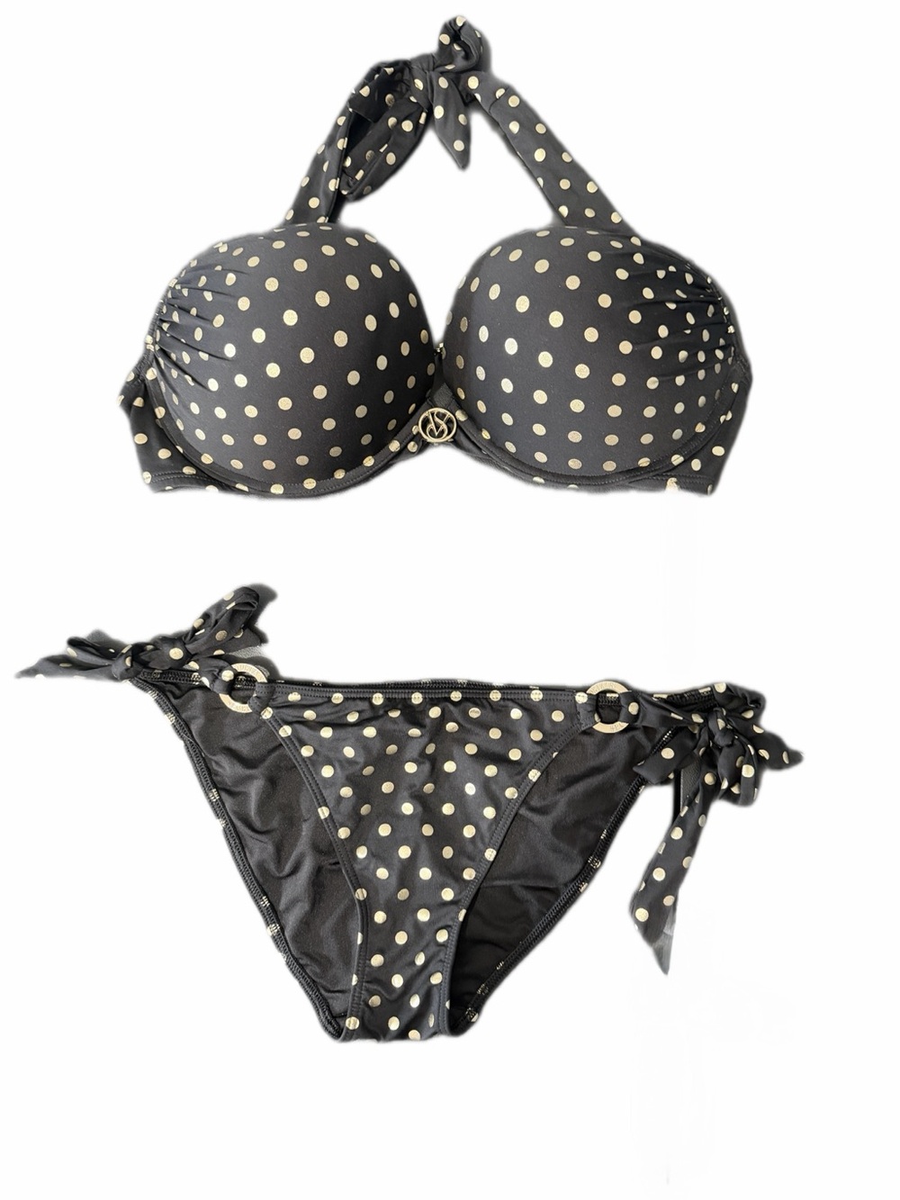 Victorias Secret 36DD Push Up Halter Bikini Set Black Gold Polka Dot
